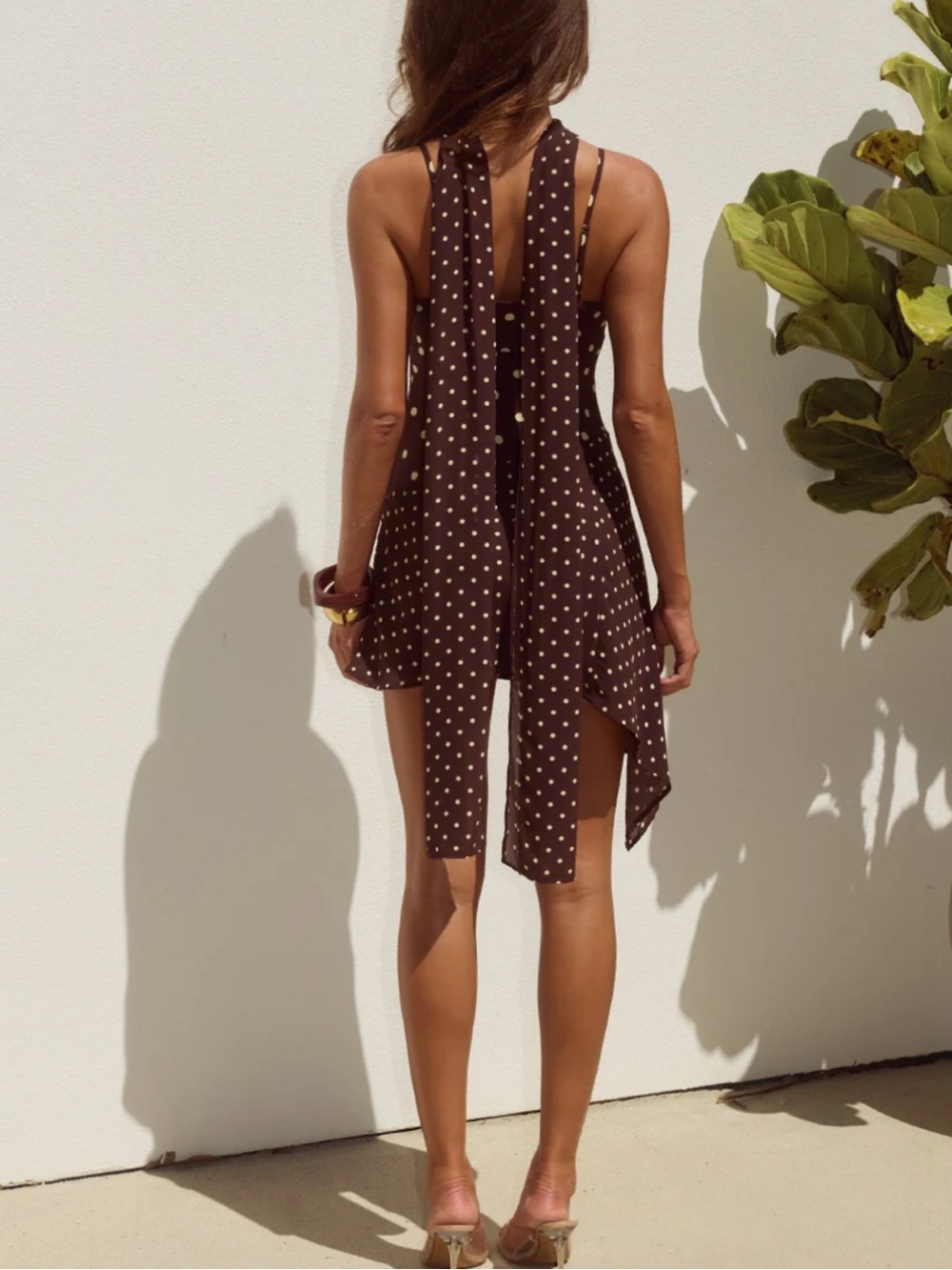 Runway The Label Polka Dot Brown Mini Slip Dress with Scarf Detail - Picture 4 of 6